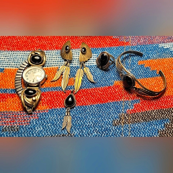 Native American Vintage Silver Black Onyx Necklace Watchband Bracelet Ring Set - Picture 1 of 15